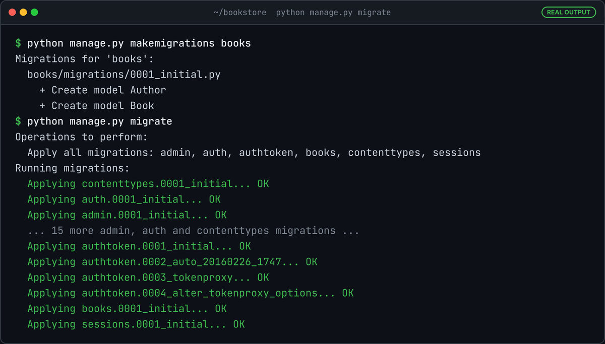 Terminal running makemigrations books (Create model Author, Create model Book) and migrate, applying admin, auth, authtoken, books and sessions migrations, each ending in OK.
