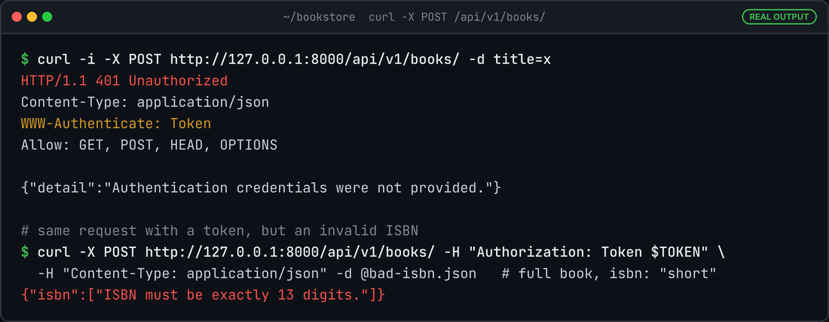 Terminal showing a POST without credentials returning 401 Unauthorized with WWW-Authenticate: Token, then an authenticated POST returning the error ISBN must be exactly 13 digits.