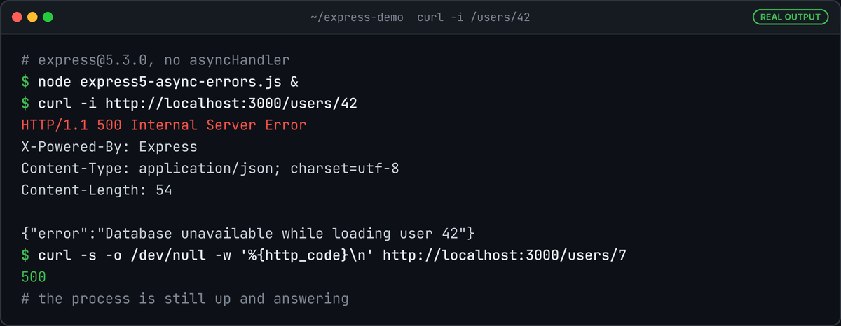 Terminal showing curl -i on /users/42 returning HTTP 500 with JSON error Database unavailable while loading user 42, then a second request still answered with 500.
