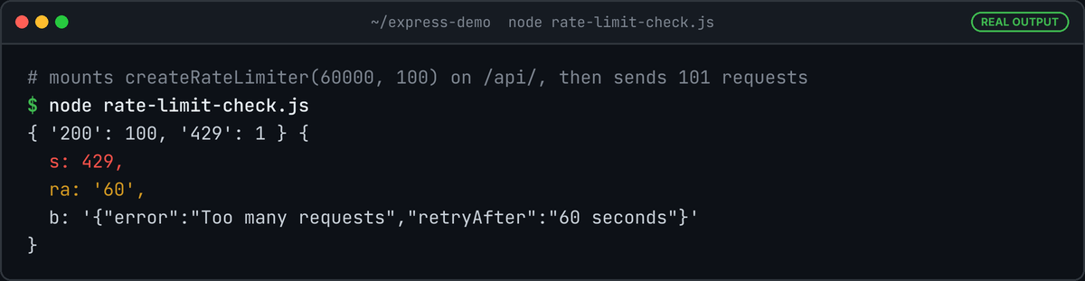 Terminal running a check script: 100 responses with status 200 and one 429 with Retry-After 60 and body Too many requests, retryAfter 60 seconds.