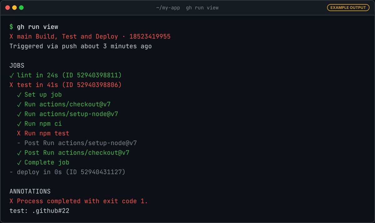 Example gh run view output: Build, Test and Deploy failed; lint passed, test failed at Run npm test, deploy skipped in 0s, annotation Process completed with exit code 1.