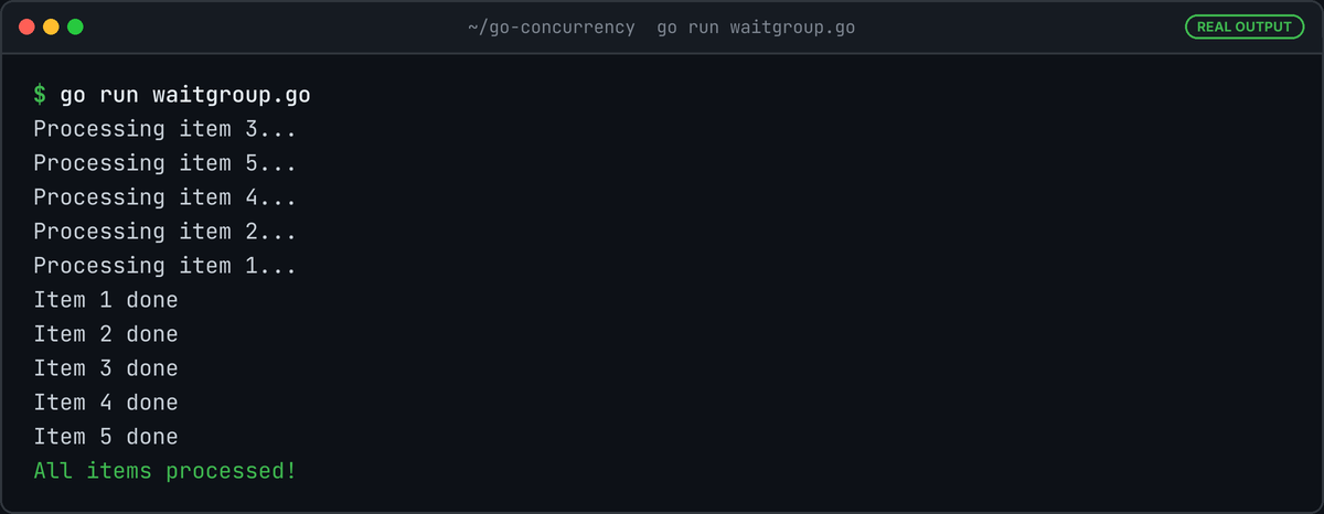 Terminal running go run waitgroup.go: five items start in random order, all finish, then All items processed.