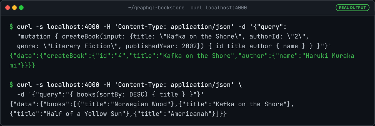 Terminal showing a createBook mutation returning id 4, Kafka on the Shore by Haruki Murakami, then books sorted DESC: Norwegian Wood, Kafka on the Shore, Half of a Yellow Sun, Americanah.