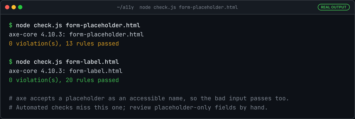 Terminal running an axe-core check on the placeholder-only input and the labelled input: both report 0 violations, with a note that axe accepts placeholders as names.