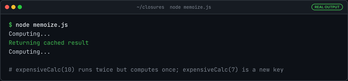 Terminal running node memoize.js: Computing..., Returning cached result, Computing...