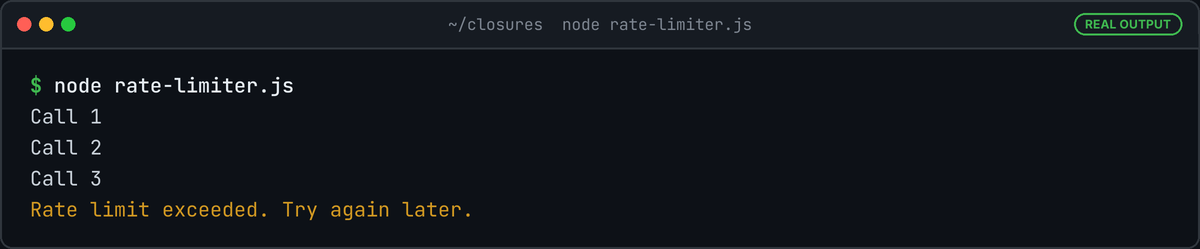 Terminal running node rate-limiter.js: Call 1, Call 2, Call 3, then Rate limit exceeded. Try again later.