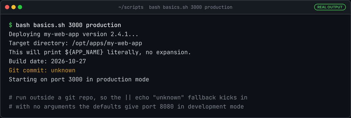 Terminal running bash basics.sh 3000 production: deploy messages, the literal ${APP_NAME} line, build date, Git commit unknown, port 3000 in production mode.
