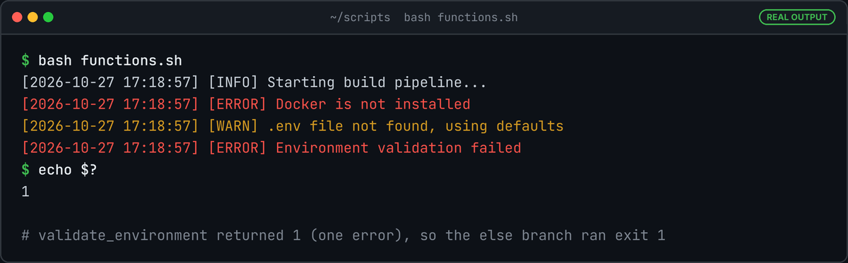Terminal running bash functions.sh: INFO start line, ERROR Docker is not installed, WARN .env not found, ERROR Environment validation failed, exit status 1.