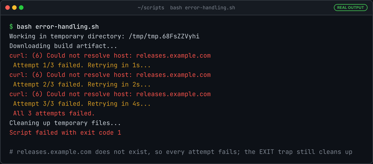 Terminal running bash error-handling.sh: three curl failures with retries after 1s, 2s and 4s, All 3 attempts failed, cleanup, Script failed with exit code 1.