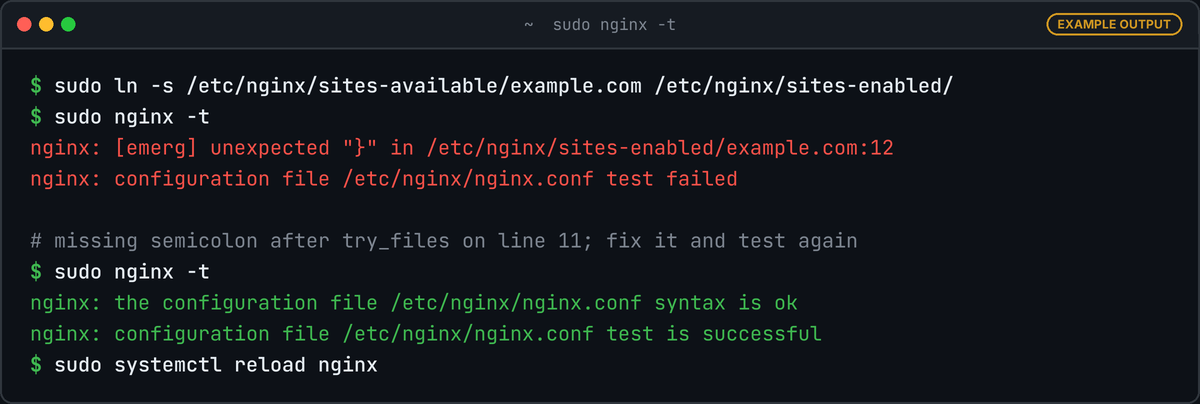 Terminal: sudo nginx -t fails with unexpected "}" at example.com line 12, then after the fix reports syntax is ok and test is successful, followed by systemctl reload nginx.