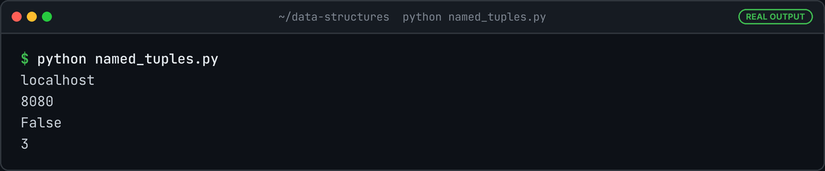 Terminal running python named_tuples.py: prints localhost, 8080, False and 3.