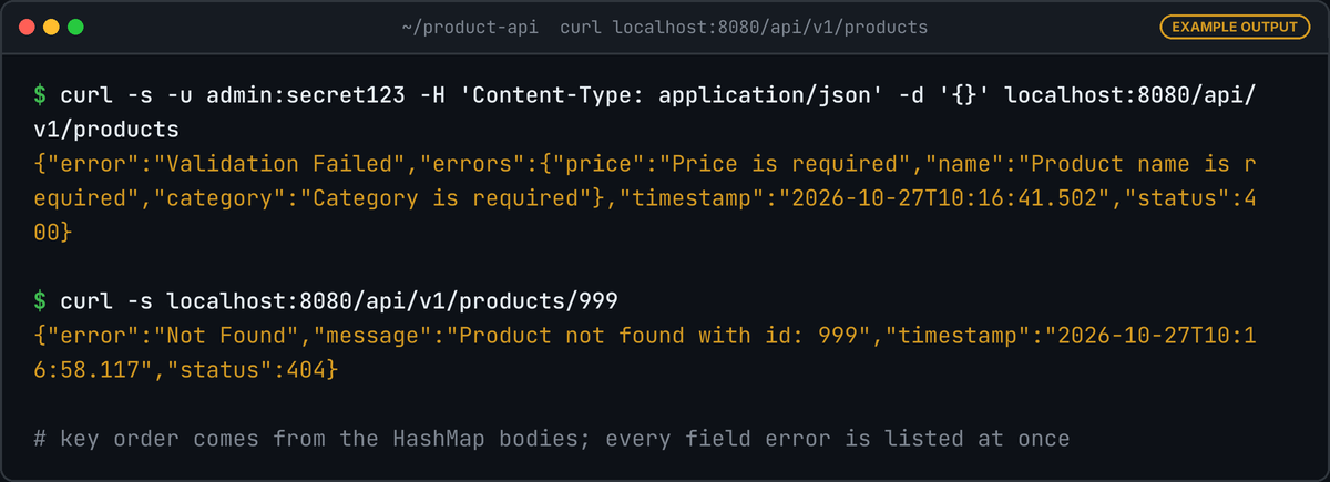 Terminal: posting an empty JSON body returns status 400 with Validation Failed and messages for price, name and category; fetching product 999 returns status 404 with Product not found with id: 999.