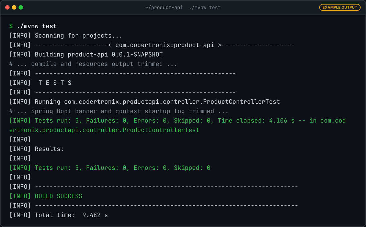 Maven test output: Running ProductControllerTest, Tests run: 5, Failures: 0, Errors: 0, Skipped: 0, then BUILD SUCCESS in 9.482 seconds.