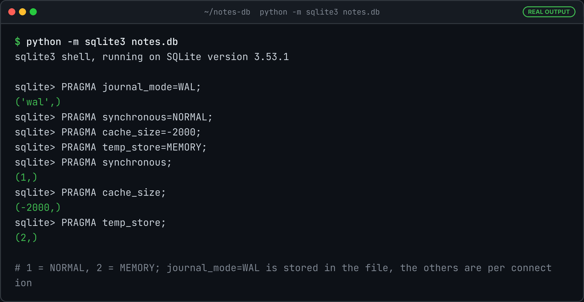 SQLite shell session on notes.db: PRAGMA journal_mode=WAL returns 'wal', and reading back synchronous, cache_size and temp_store returns 1, -2000 and 2.
