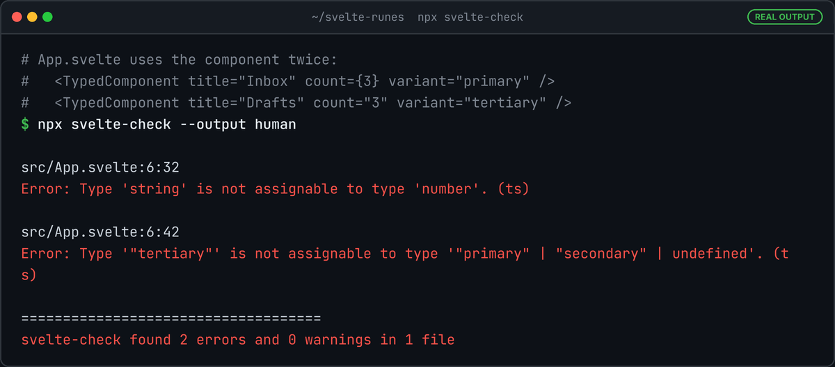 Terminal running npx svelte-check: two errors in App.svelte, a string is not assignable to number for count, and "tertiary" is not assignable to "primary" | "secondary" | undefined.