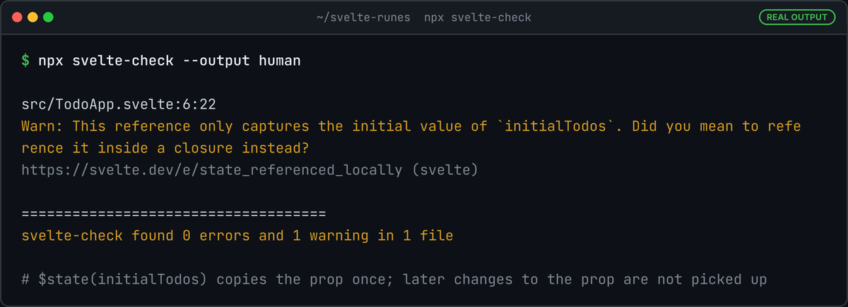 Terminal running npx svelte-check on the TodoApp component: 0 errors and 1 warning, state_referenced_locally on line 6, initialTodos only captures its initial value.