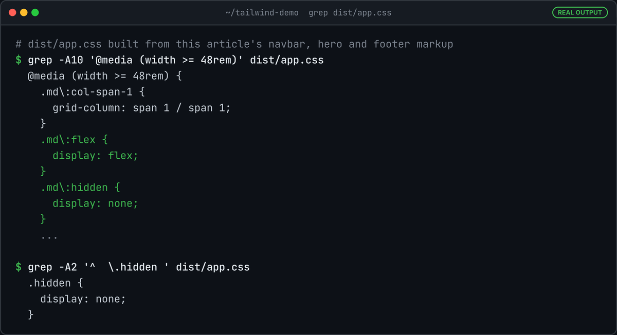 Terminal showing grep output from the built CSS: md:flex and md:hidden rules inside @media (width >= 48rem), and the unprefixed .hidden rule with display: none.
