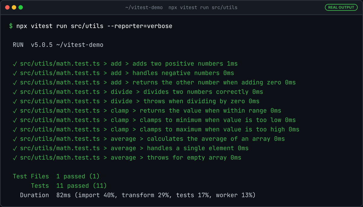 Terminal running npx vitest run src/utils with the verbose reporter: 11 green checkmarks for add, divide, clamp and average, Test Files 1 passed, Tests 11 passed.