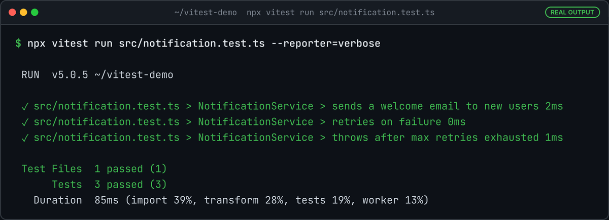 Terminal running the NotificationService tests: sends a welcome email, retries on failure, and throws after max retries all pass, 3 tests passed.