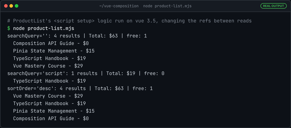 Terminal running node product-list.mjs: 4 results totaling $63 sorted by price, 1 result for the search 'script', then the same 4 products sorted descending.